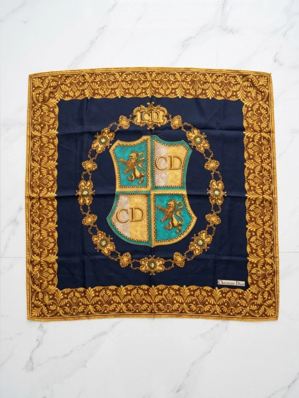 Christian Dior Black & Gold Crest Silk Scarf